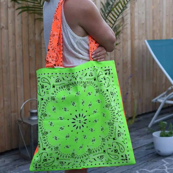バッグ M.U BANDANA BONDING TOTE BAG japoness Neon Orange & Green Bandana Tote Bag - Bandana Beach – Bandana Beach