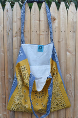 chambray and gold bandana tote bag
